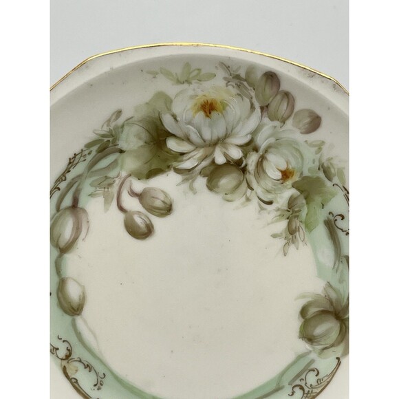 Antique MZ Austria 6.5” Porcelain Plate Floral White Gold Trim Pierced Handles - Picture 4 of 8